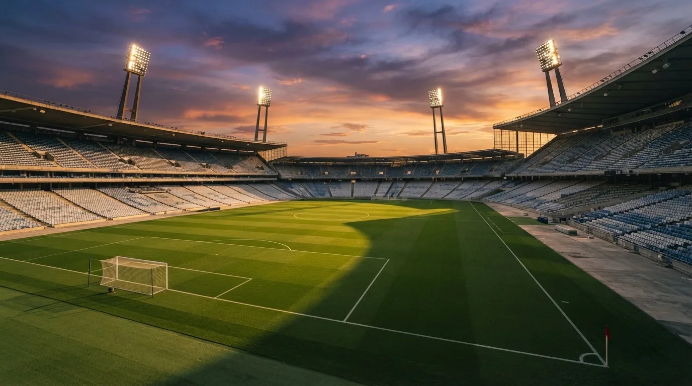 Un estadio de fútbol vacío con torres de iluminación al atardecer