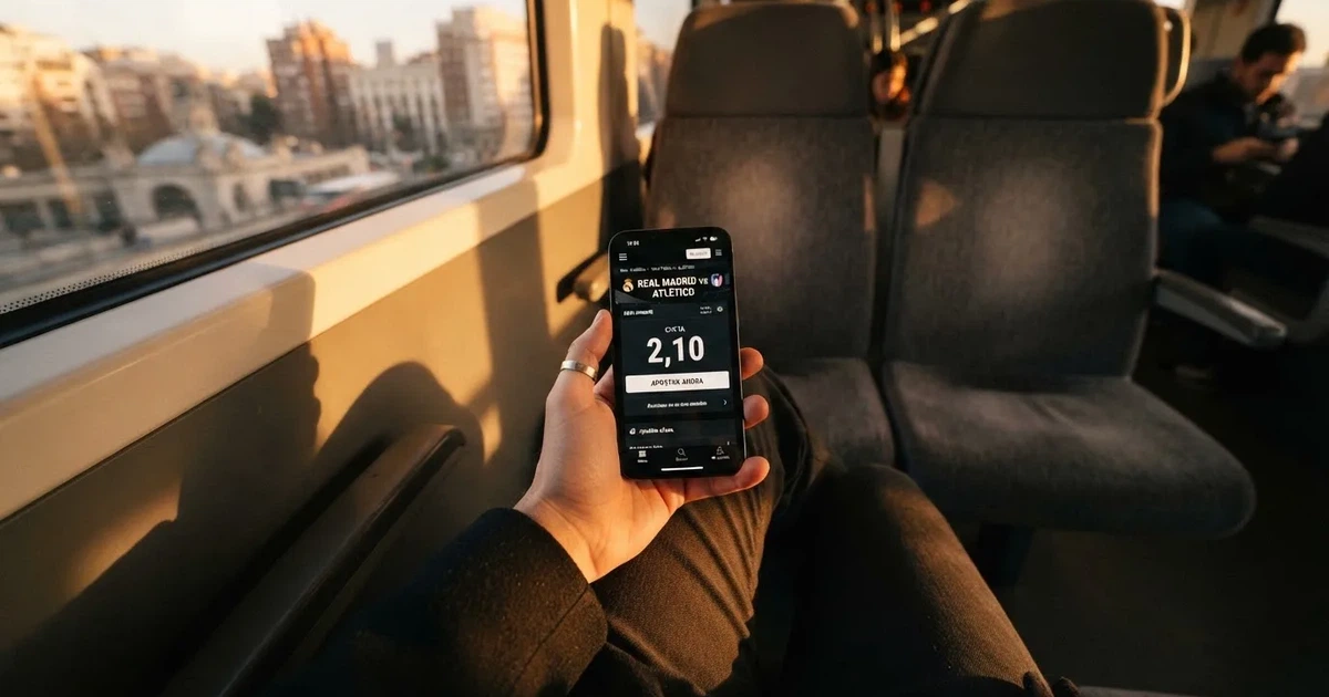 Una mano sostiene un móvil en el tren por la tarde, con la pantalla girada