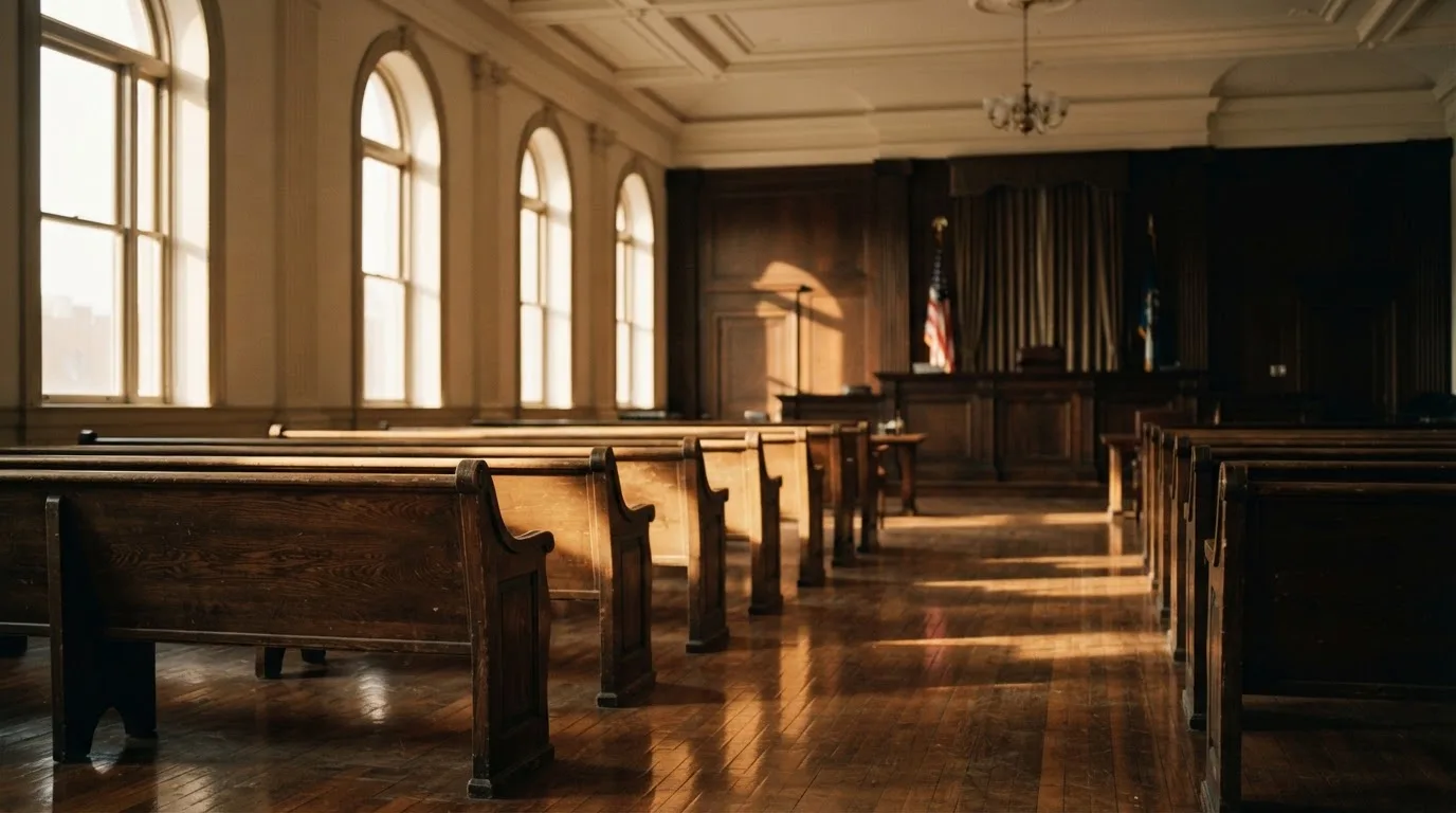 Una sala de tribunal vacía con bancos de madera a la luz de la mañana