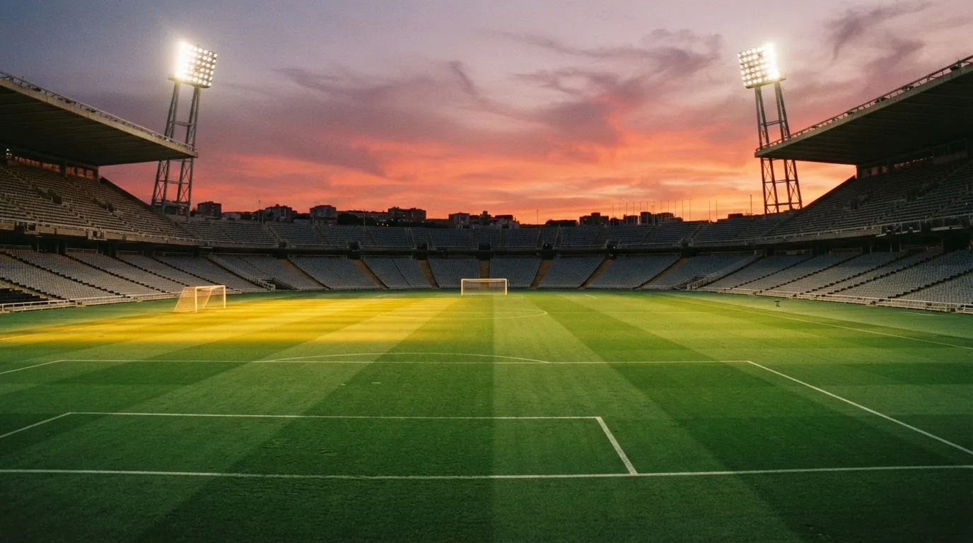 Un estadio de fútbol vacío con torres de iluminación al atardecer