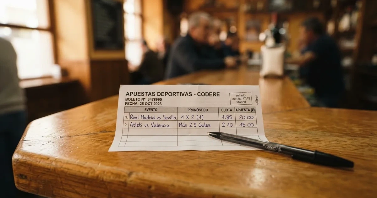 Un boleto de papel en blanco junto a un bolígrafo sobre un mostrador de madera