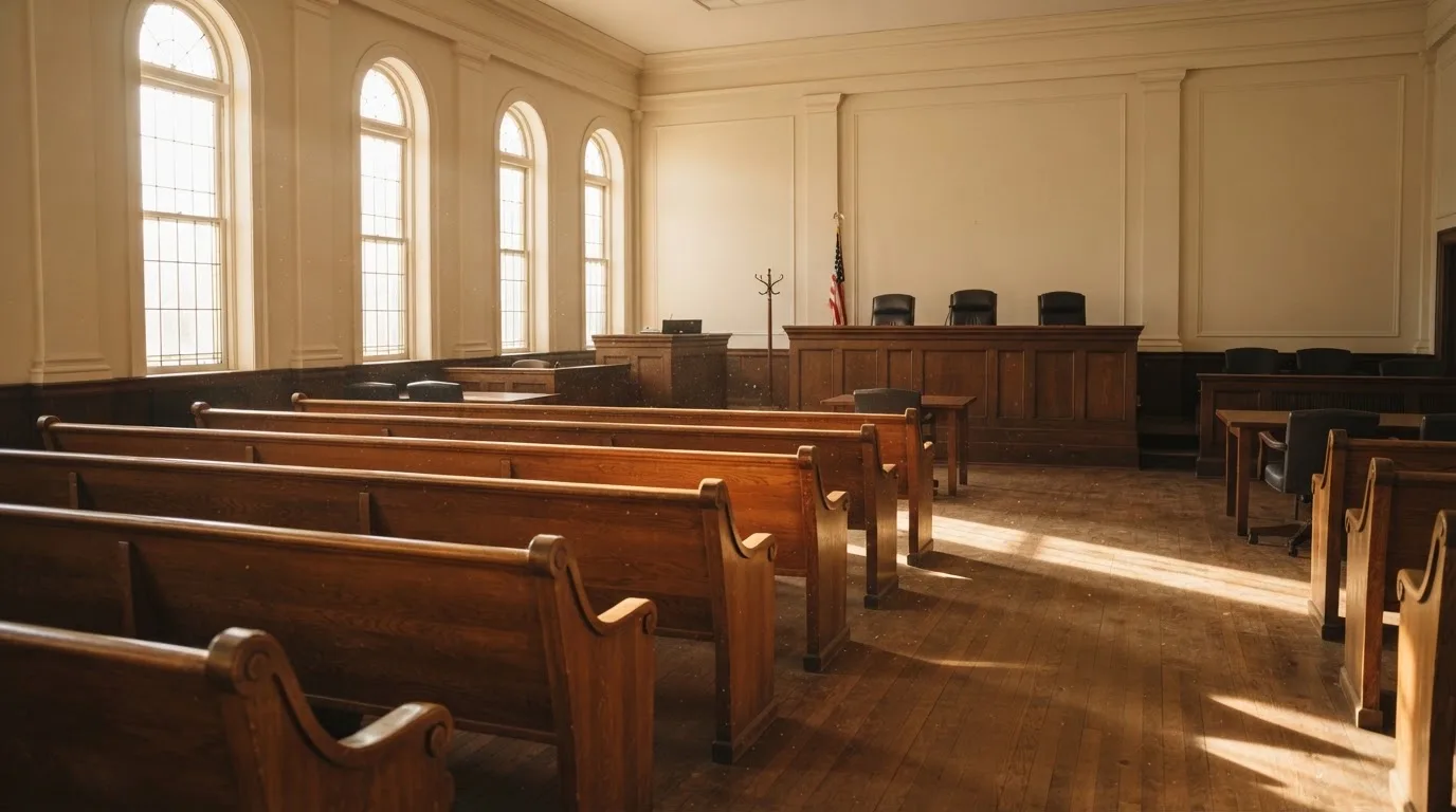 Una sala de tribunal vacía con bancos de madera a la luz de la mañana