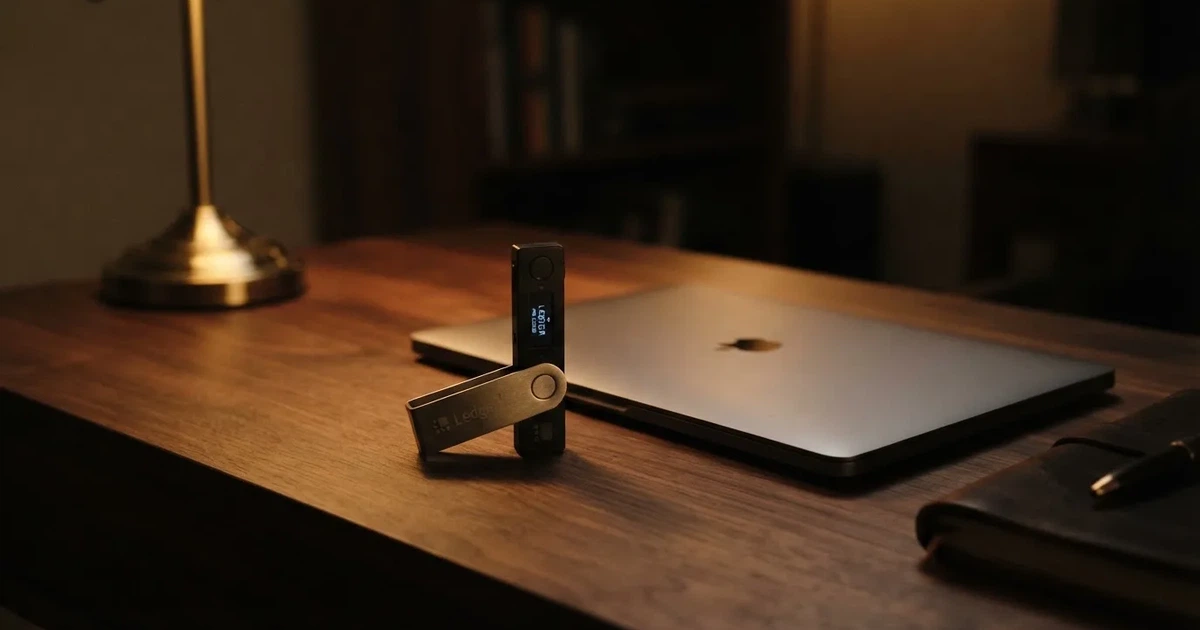 Un monedero físico de criptomonedas y un portátil cerrado sobre un escritorio con poca luz