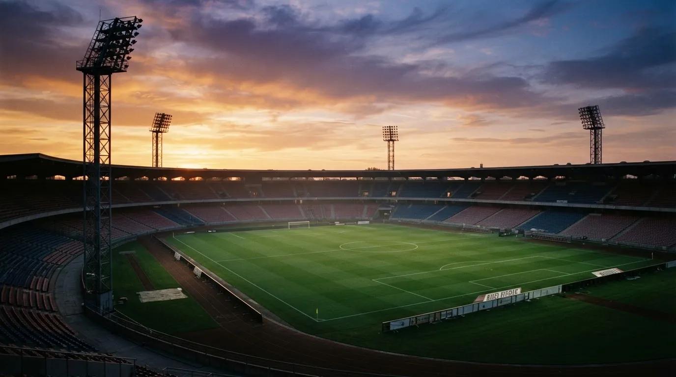 Un estadio de fútbol vacío con torres de iluminación al atardecer