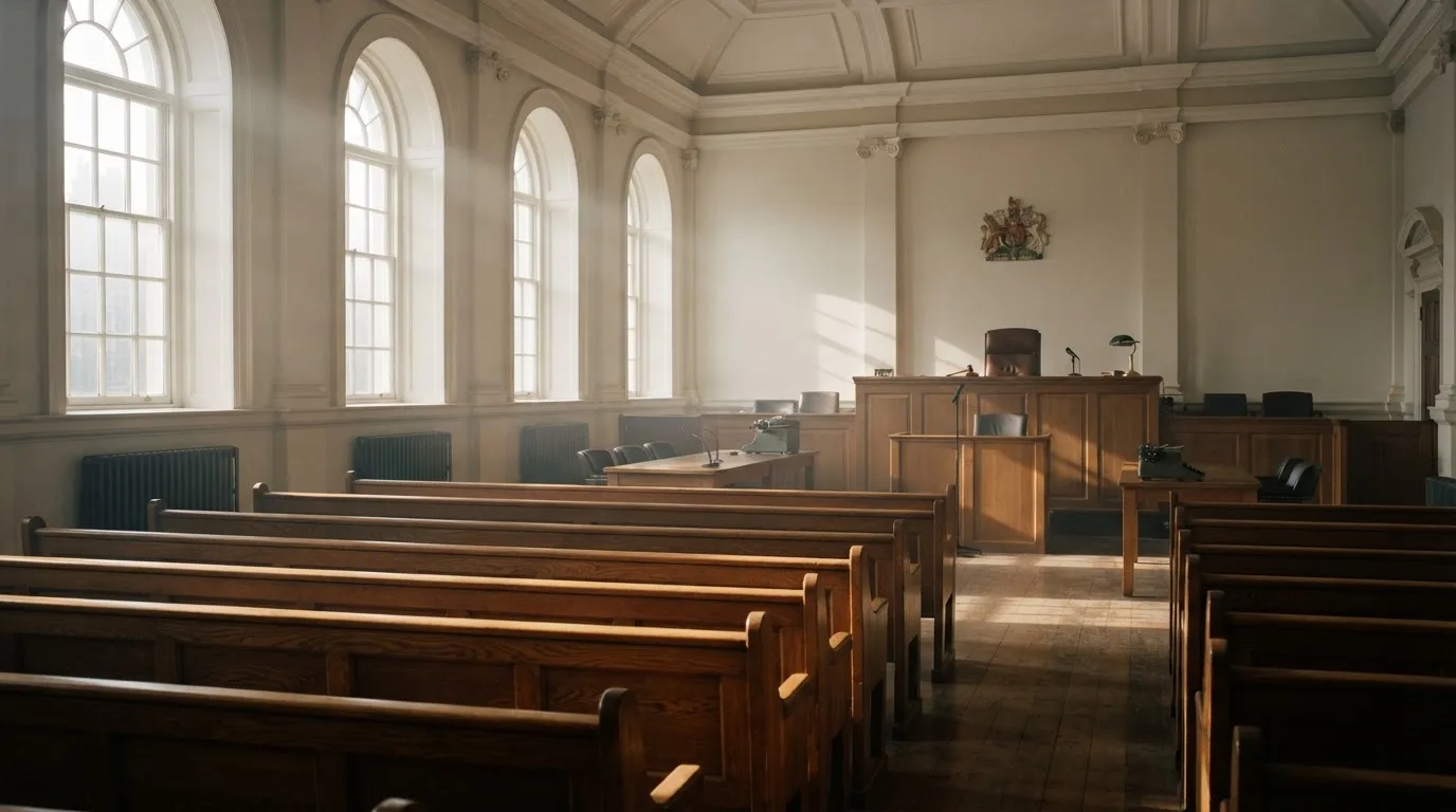 Una sala de tribunal vacía con bancos de madera a la luz de la mañana
