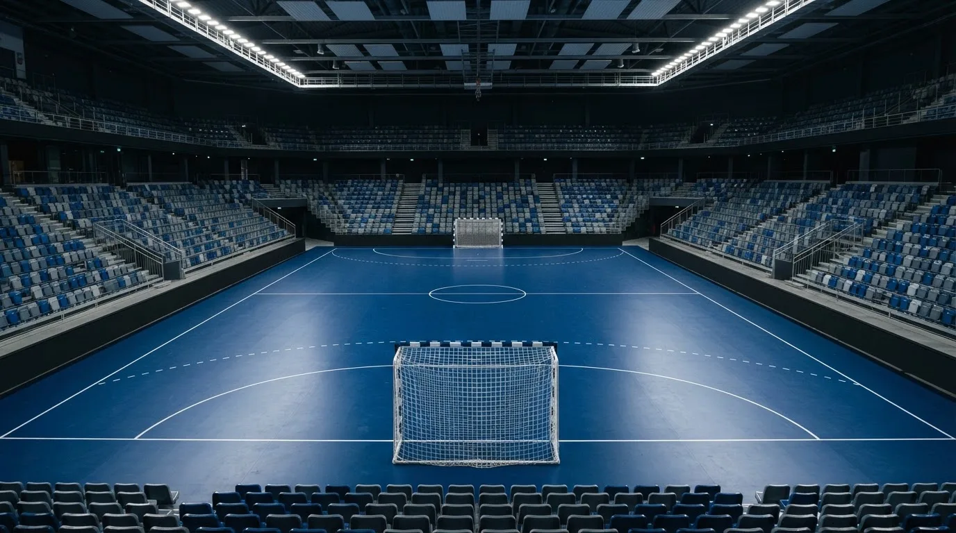 Un estadio de fútbol vacío con torres de iluminación al atardecer