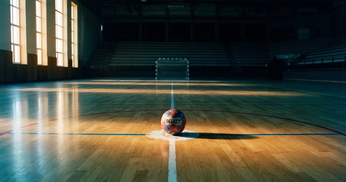 Un balón en el punto central de un campo de césped a la luz de la mañana