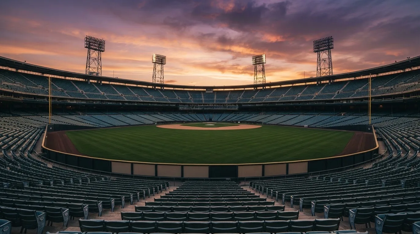 Un estadio de fútbol vacío con torres de iluminación al atardecer