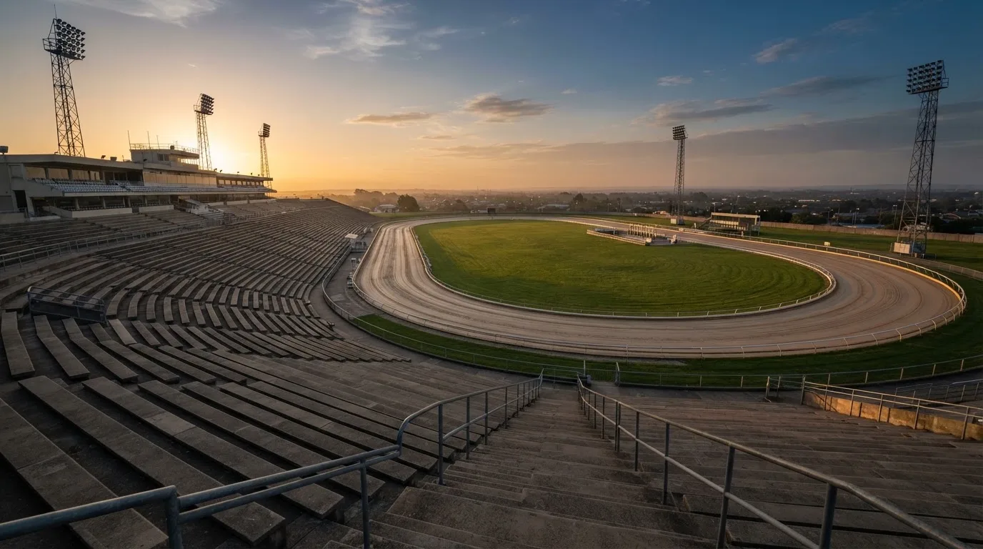 Un estadio de fútbol vacío con torres de iluminación al atardecer