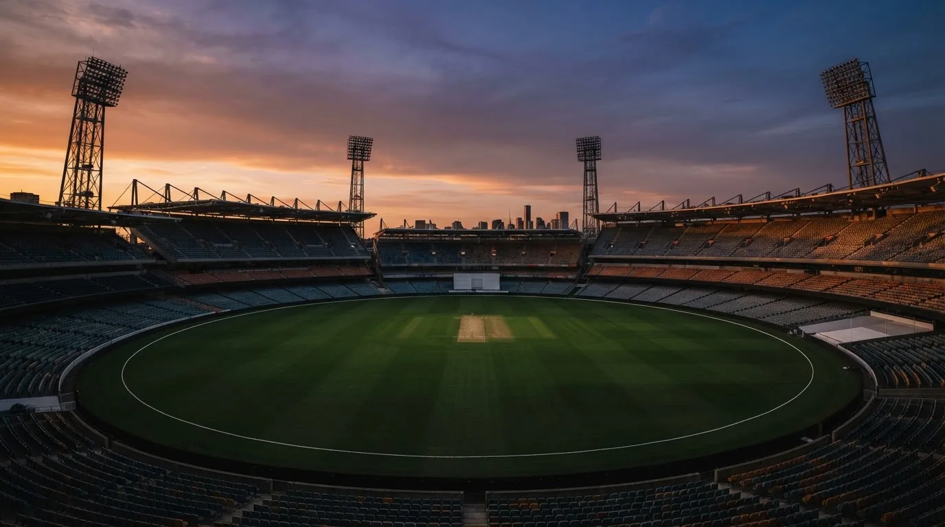 Un estadio de fútbol vacío con torres de iluminación al atardecer