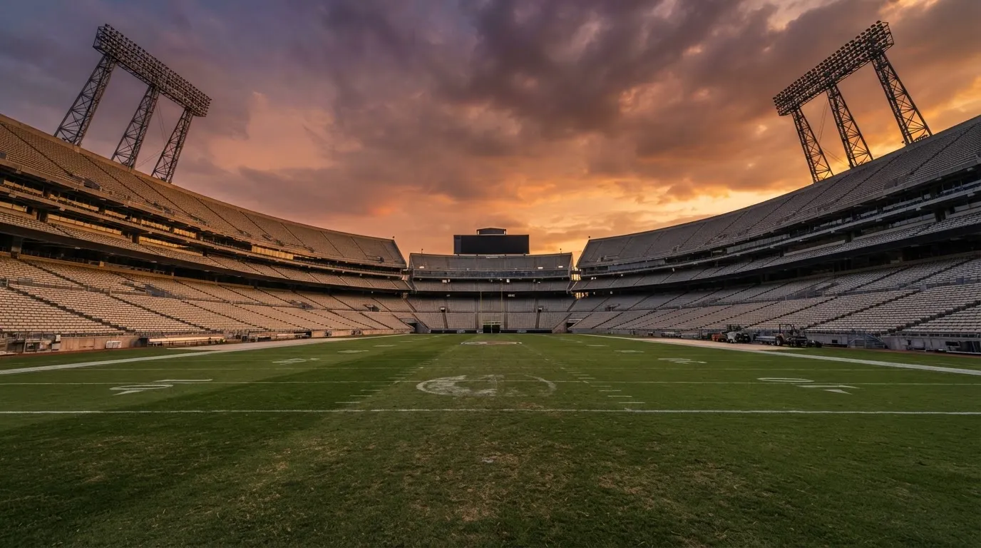 Un estadio de fútbol vacío con torres de iluminación al atardecer
