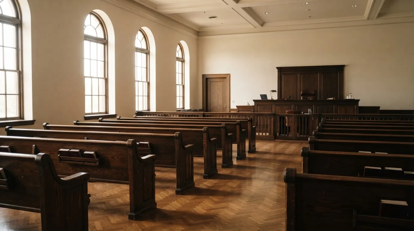 Una sala de tribunal vacía con bancos de madera a la luz de la mañana