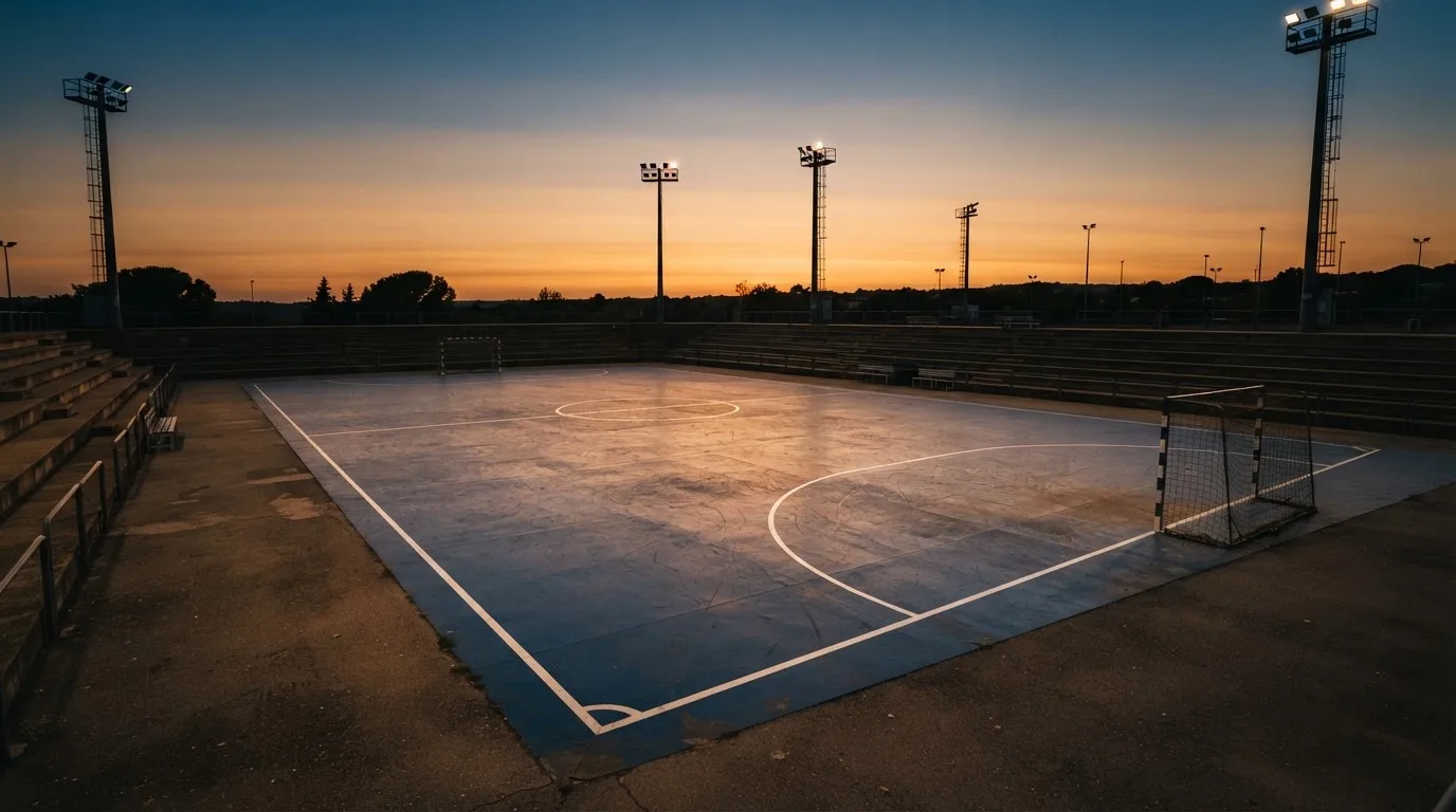 Un estadio de fútbol vacío con torres de iluminación al atardecer