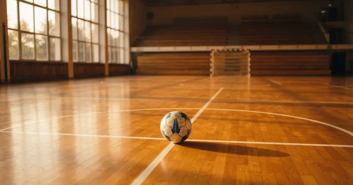 Un balón en el punto central de un campo de césped a la luz de la mañana