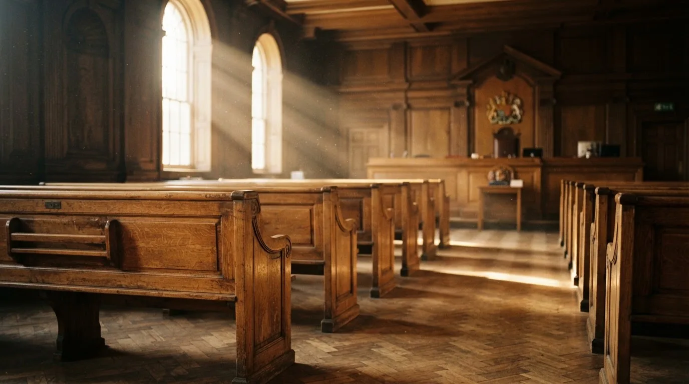 Una sala de tribunal vacía con bancos de madera a la luz de la mañana
