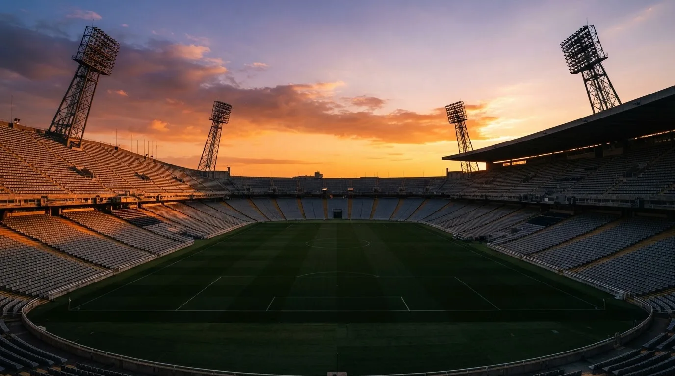 Un estadio de fútbol vacío con torres de iluminación al atardecer