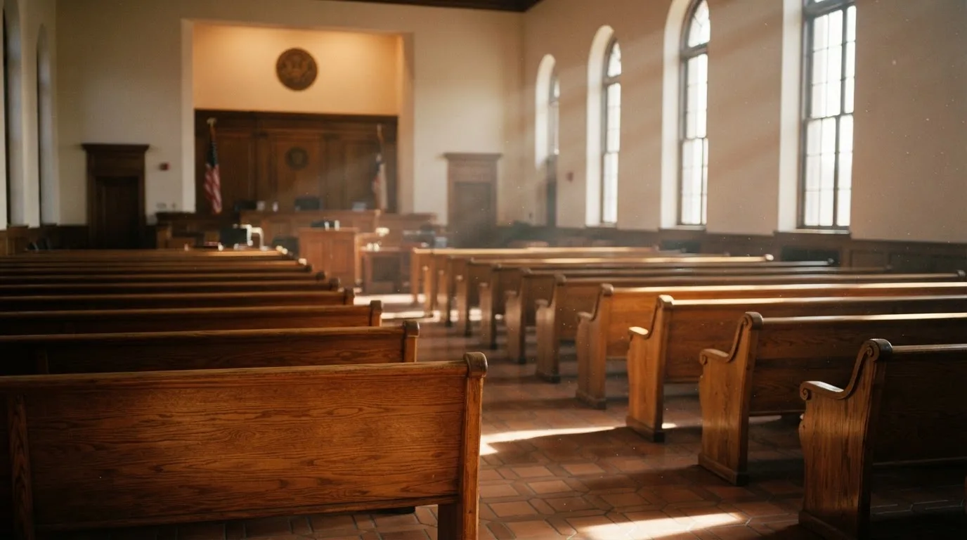 Una sala de tribunal vacía con bancos de madera a la luz de la mañana