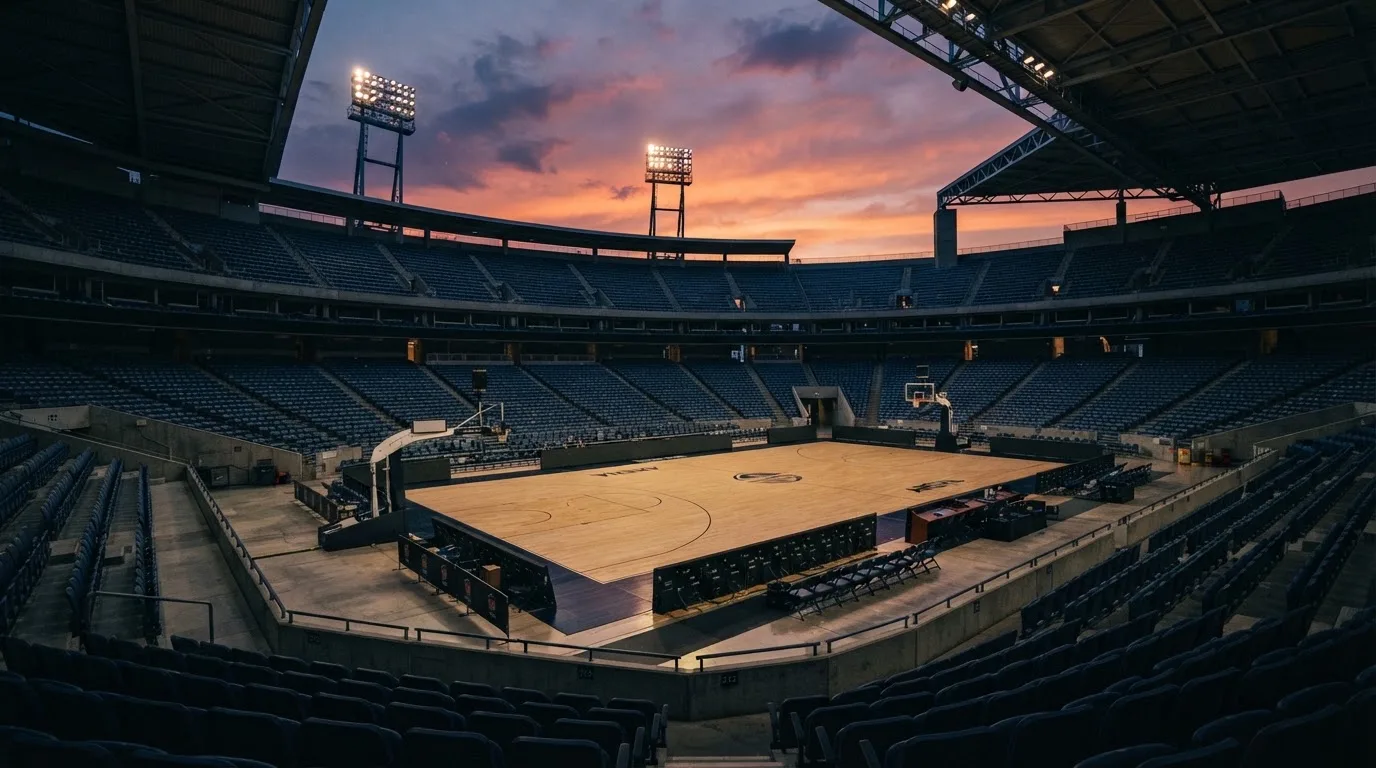 Un estadio de fútbol vacío con torres de iluminación al atardecer