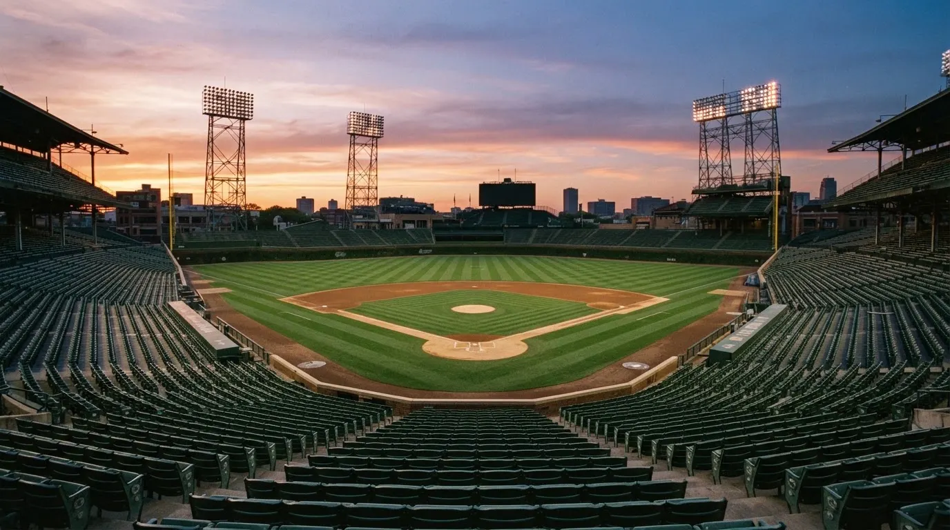 Un estadio de fútbol vacío con torres de iluminación al atardecer