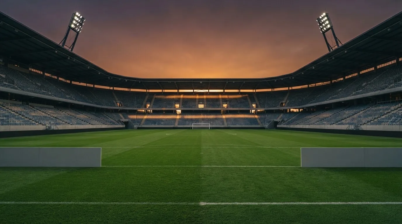 Un estadio de fútbol vacío con torres de iluminación al atardecer