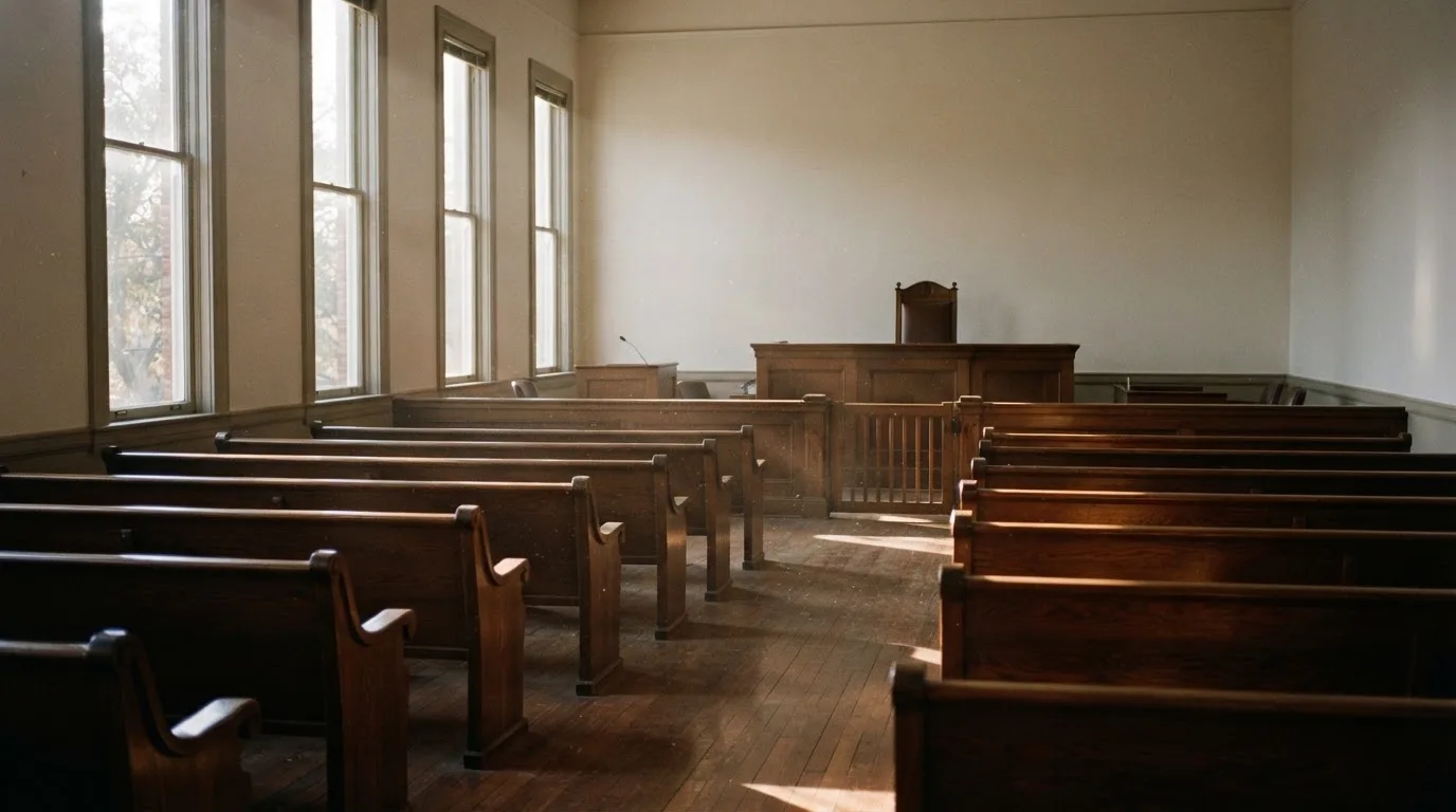 Una sala de tribunal vacía con bancos de madera a la luz de la mañana