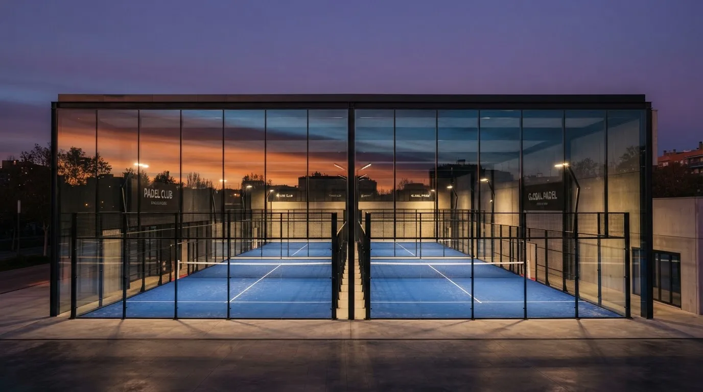 Un estadio de fútbol vacío con torres de iluminación al atardecer