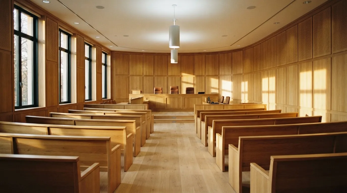 Una sala de tribunal vacía con bancos de madera a la luz de la mañana