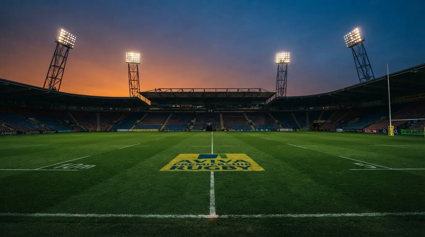 Un estadio de fútbol vacío con torres de iluminación al atardecer