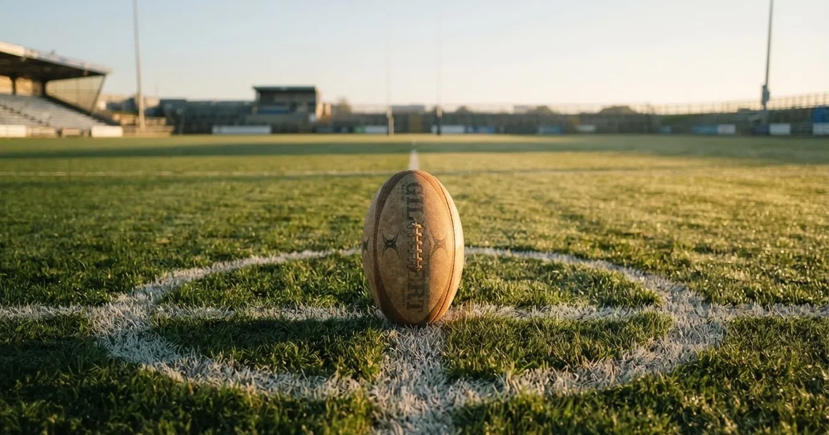 Un balón en el punto central de un campo de césped a la luz de la mañana
