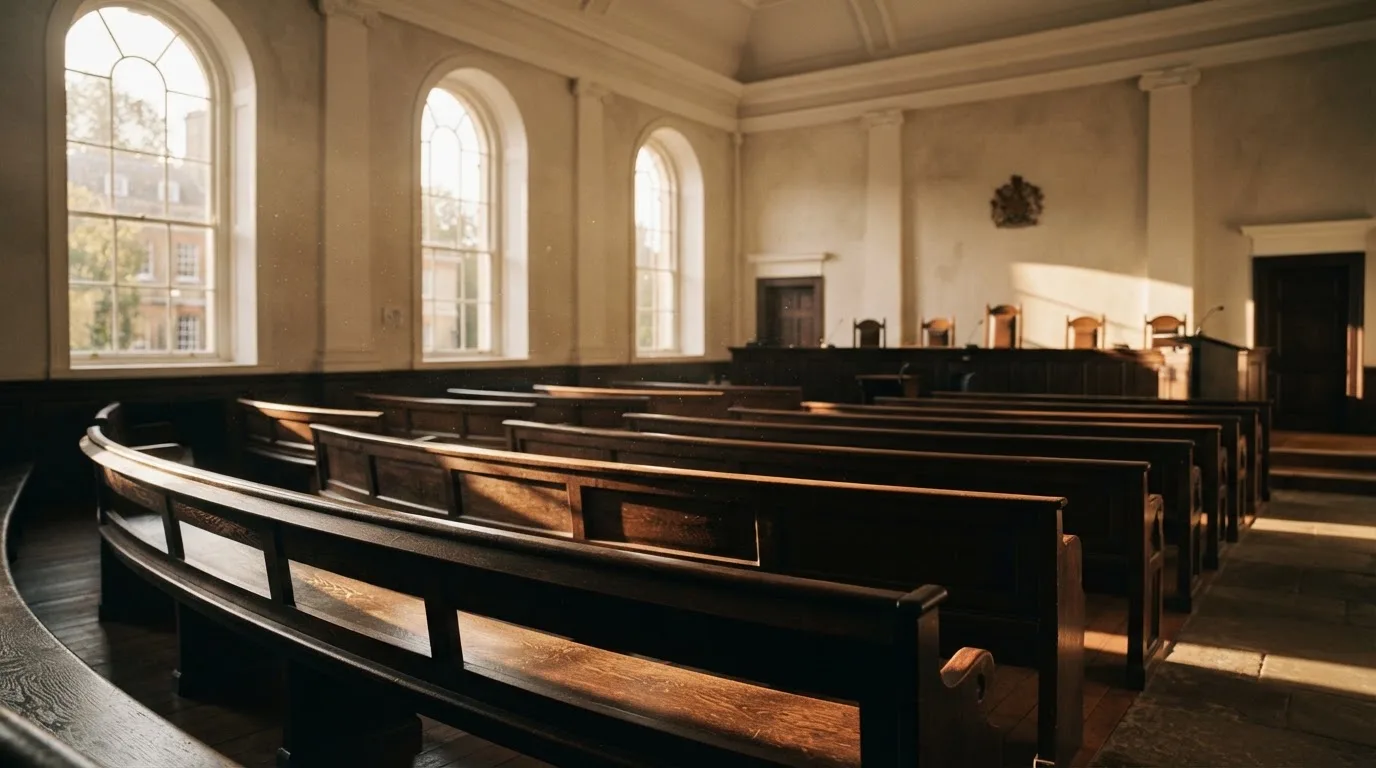 Una sala de tribunal vacía con bancos de madera a la luz de la mañana