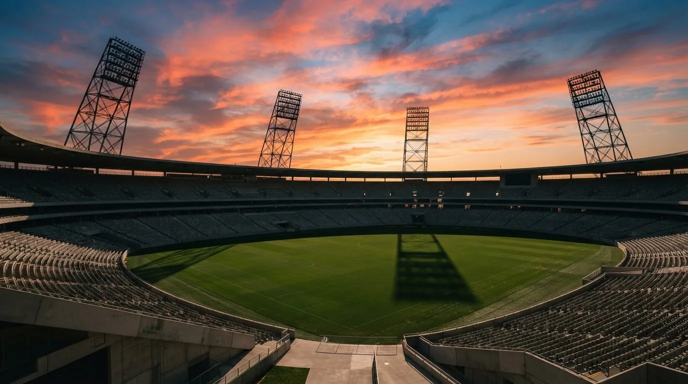 Un estadio de fútbol vacío con torres de iluminación al atardecer