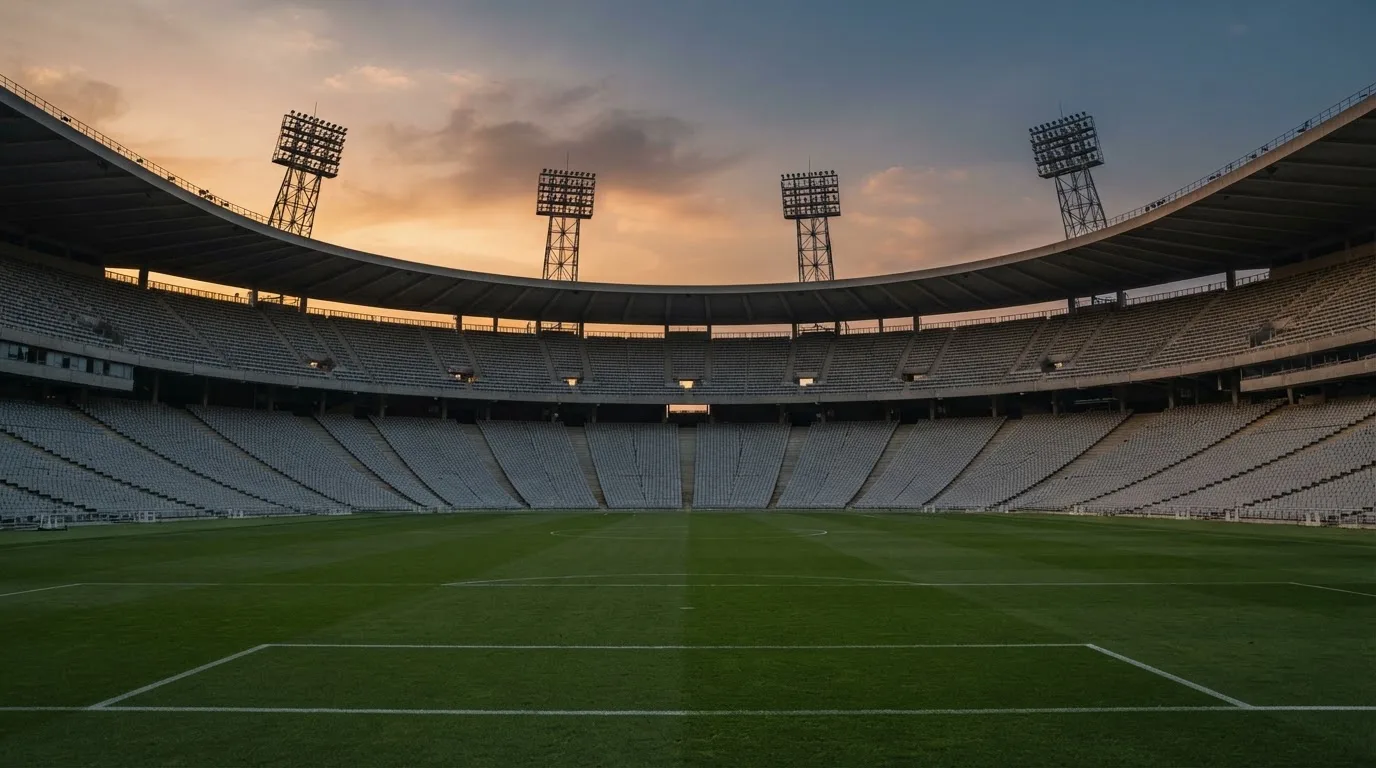 Un estadio de fútbol vacío con torres de iluminación al atardecer
