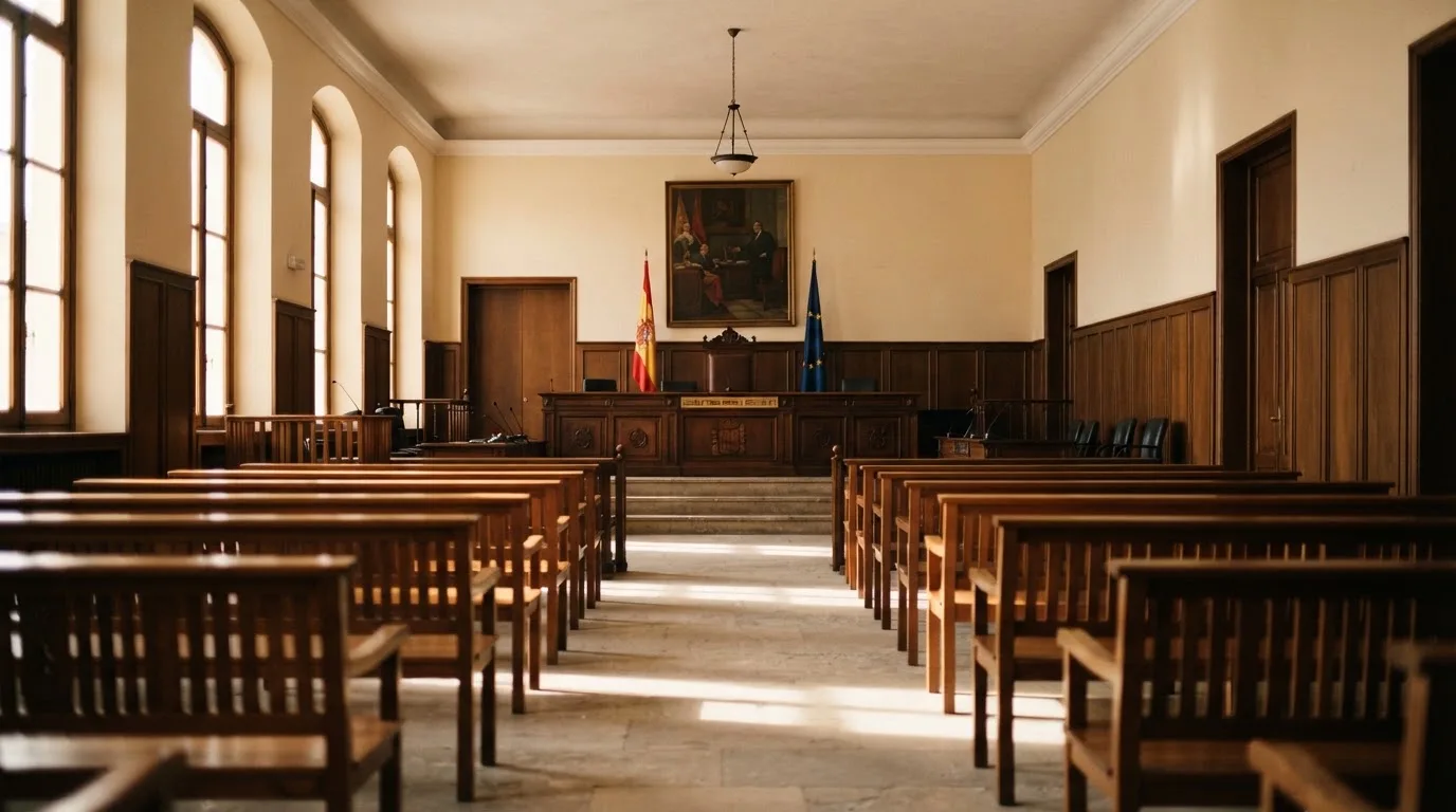 Una sala de tribunal vacía con bancos de madera a la luz de la mañana