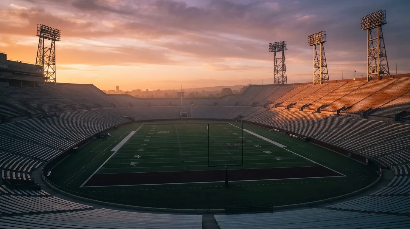 Un estadio de fútbol vacío con torres de iluminación al atardecer