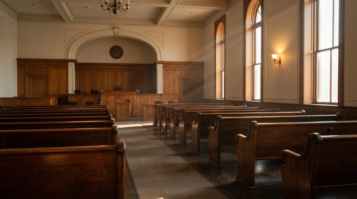 Una sala de tribunal vacía con bancos de madera a la luz de la mañana