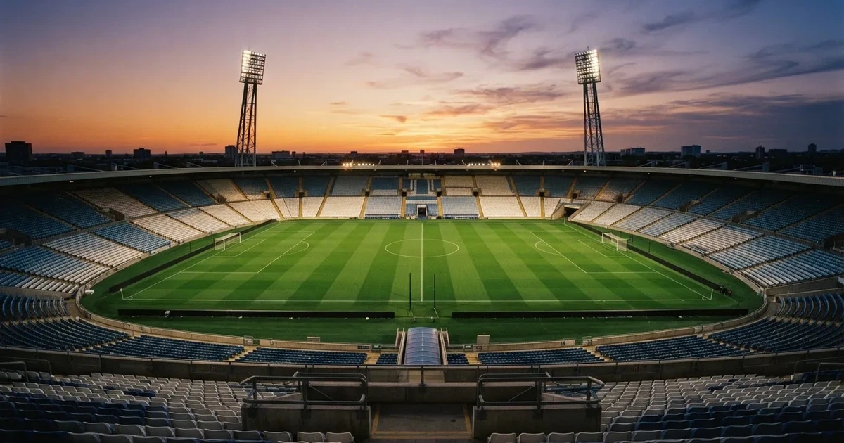 Un estadio de fútbol vacío con torres de iluminación al atardecer