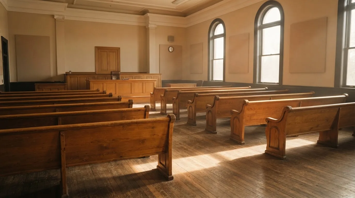 Una sala de tribunal vacía con bancos de madera a la luz de la mañana