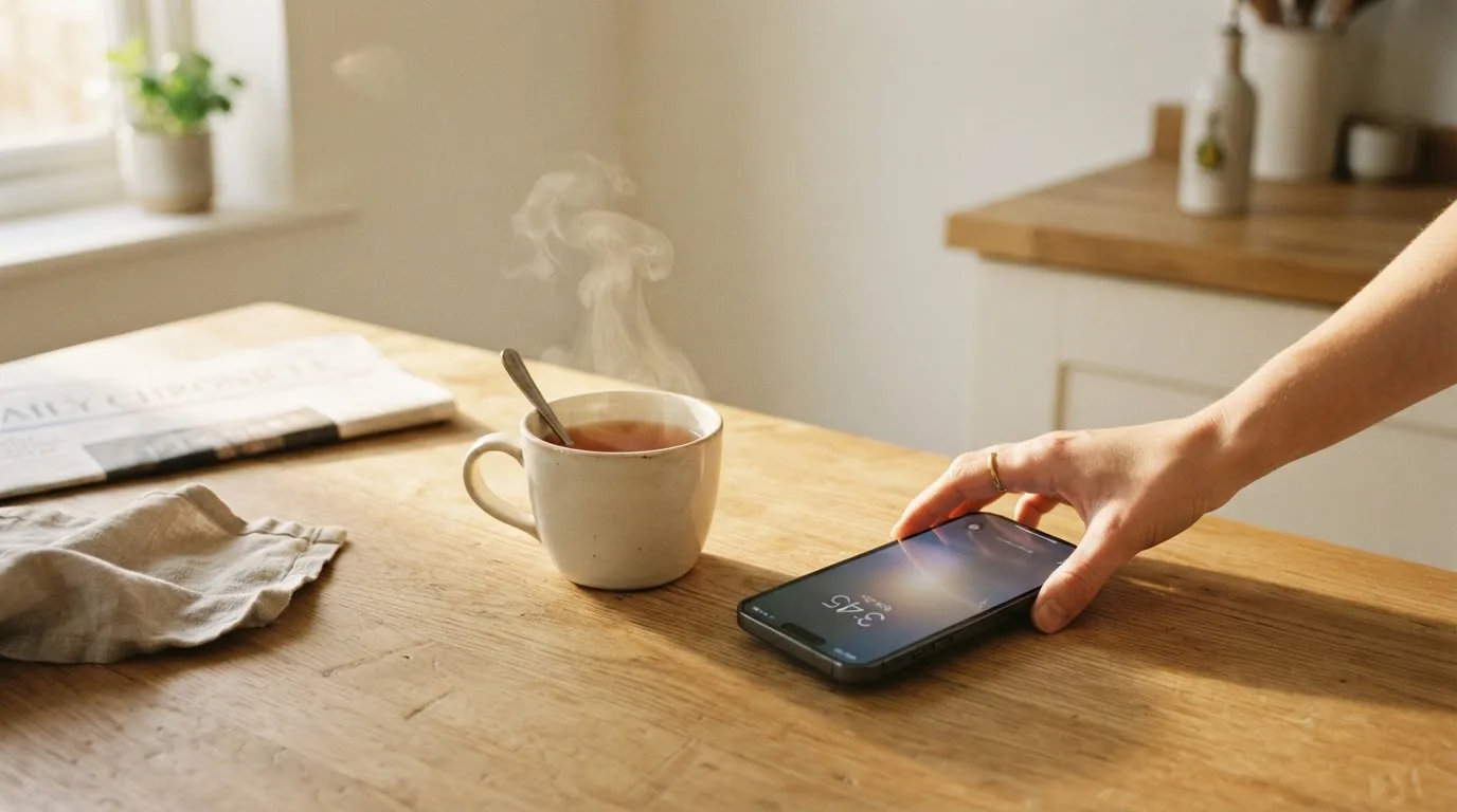 Una mano deja un móvil junto a una taza de té sobre la mesa de la cocina, una tarde tranquila