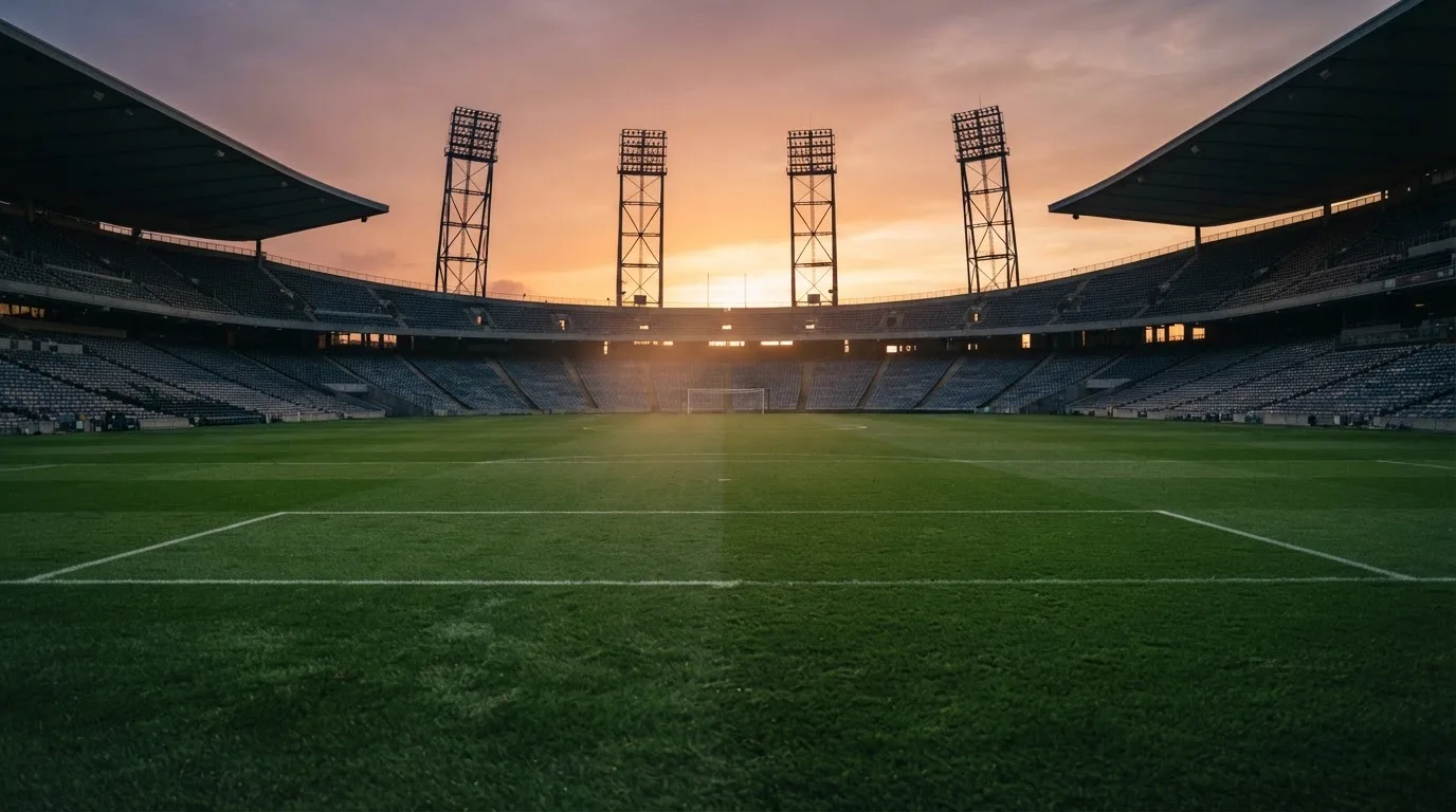 Un estadio de fútbol vacío con torres de iluminación al atardecer