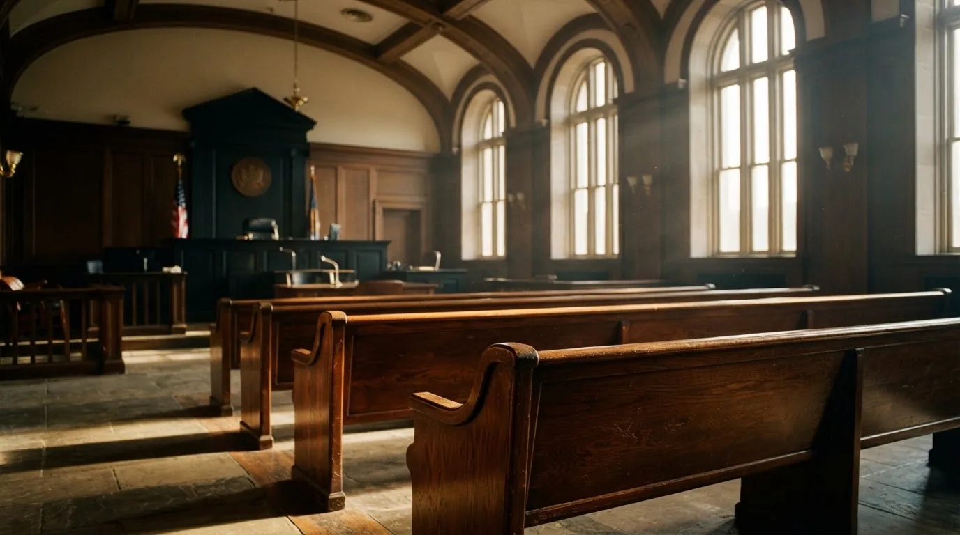 Una sala de tribunal vacía con bancos de madera a la luz de la mañana