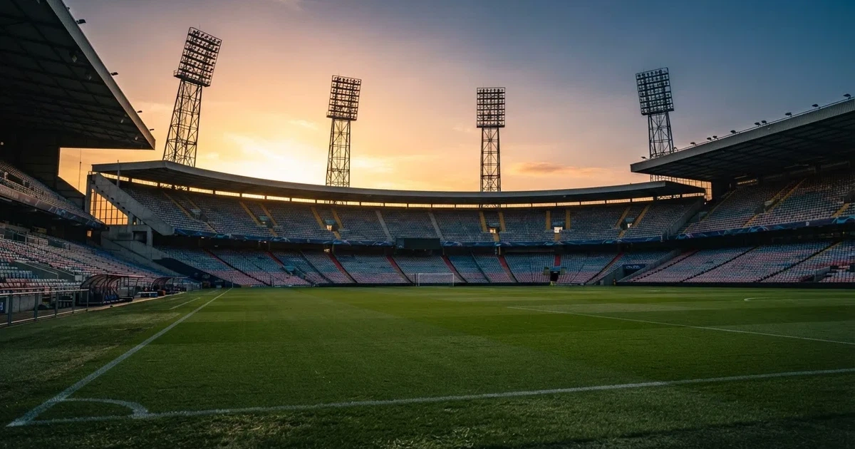 Un estadio de fútbol vacío con torres de iluminación al atardecer