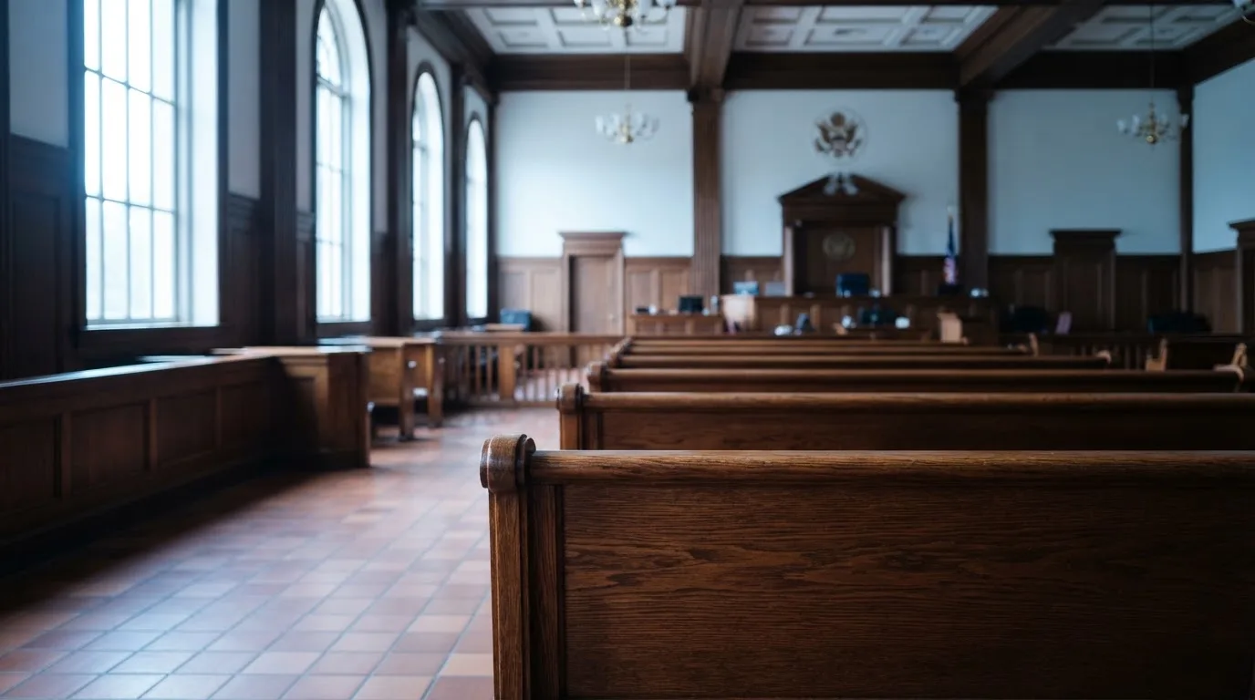 Una sala de tribunal vacía con bancos de madera a la luz de la mañana