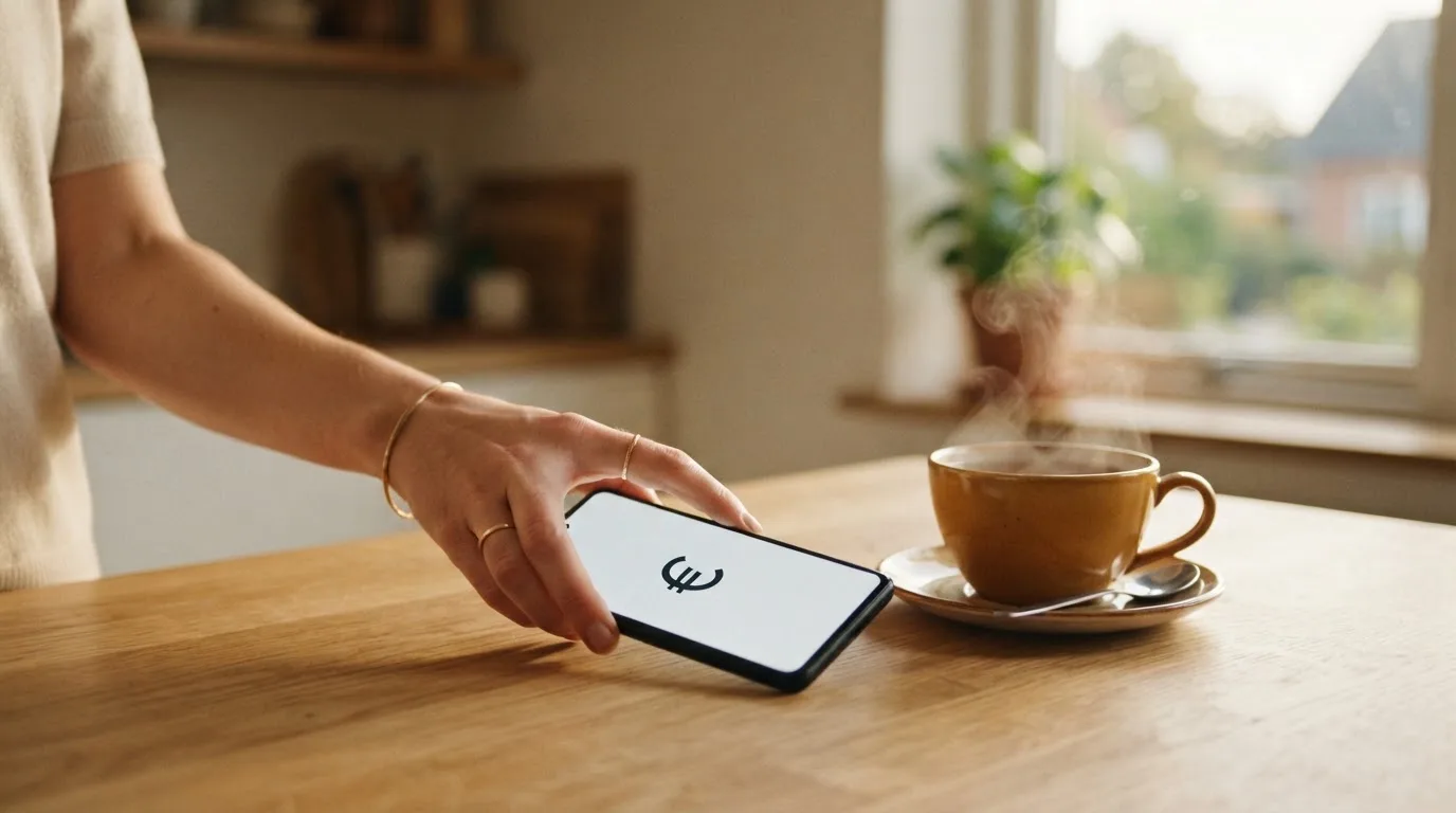 Una mano deja un móvil junto a una taza de té sobre la mesa de la cocina, una tarde tranquila