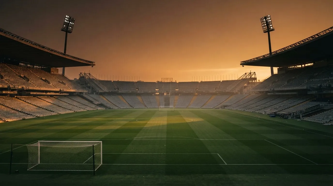 Un estadio de fútbol vacío con torres de iluminación al atardecer