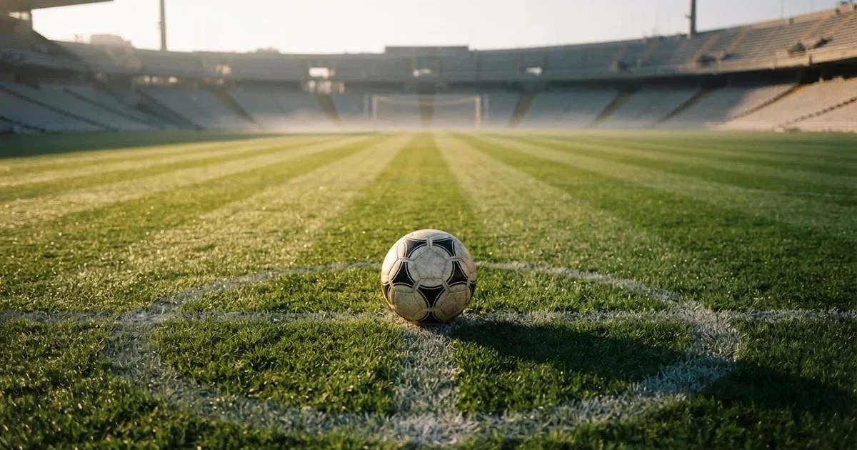 Un balón en el punto central de un campo de césped a la luz de la mañana