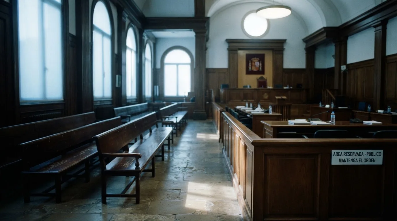 Una sala de tribunal vacía con bancos de madera a la luz de la mañana