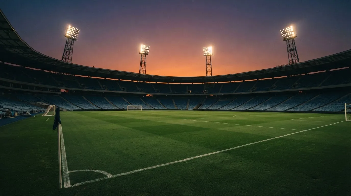 Un estadio de fútbol vacío con torres de iluminación al atardecer