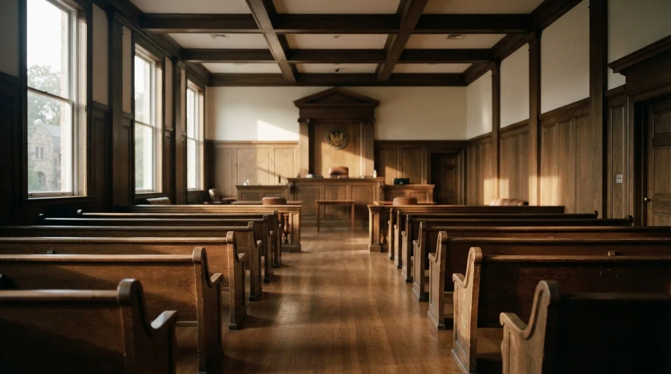 Una sala de tribunal vacía con bancos de madera a la luz de la mañana