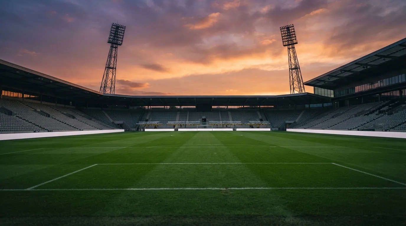 Un estadio de fútbol vacío con torres de iluminación al atardecer