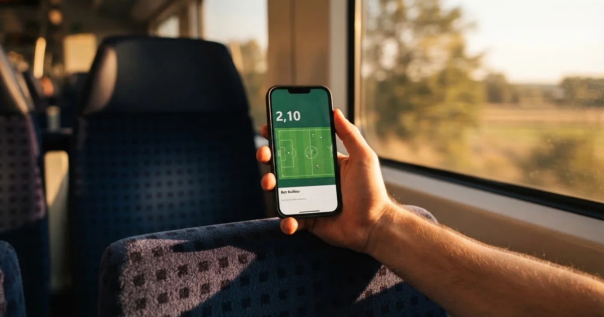 Una mano sostiene un móvil en el tren por la tarde, con la pantalla girada